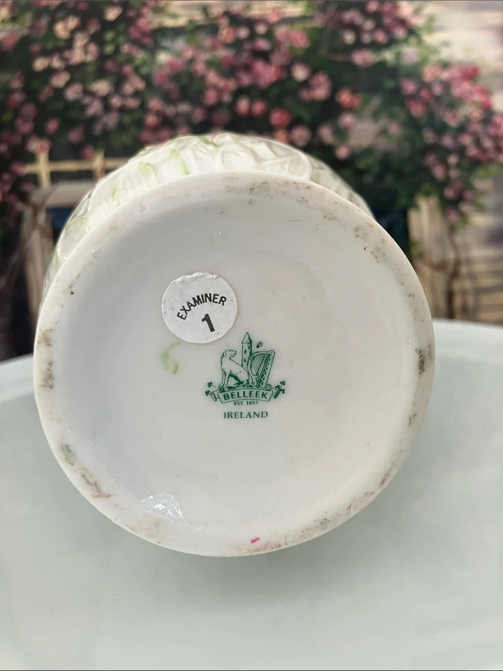 Antique Belleek Ireland White Ceramic Bee & Floral Vase